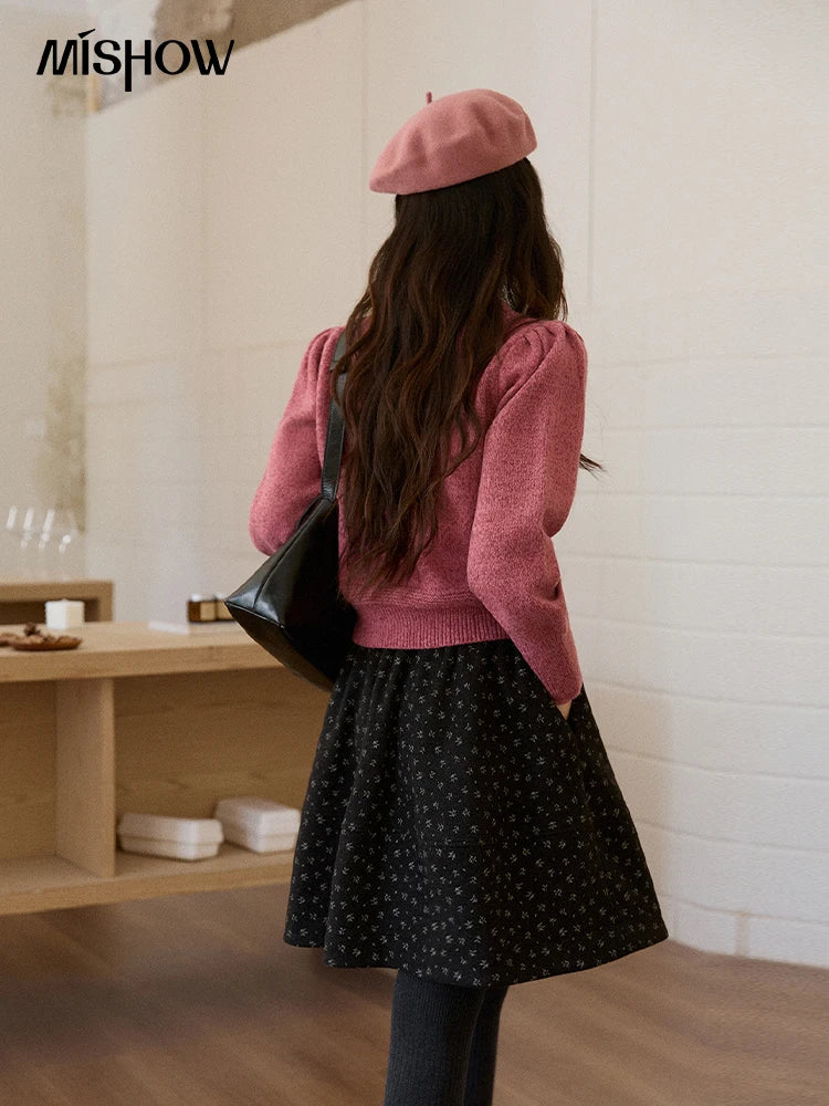 MISHOW Rose Red Sequin Beaded Floral Cardigan 2025 Winter Slight Puff Sleeve O-Neck Sweater Thick Warm Short Knitwear MXE93Z2808