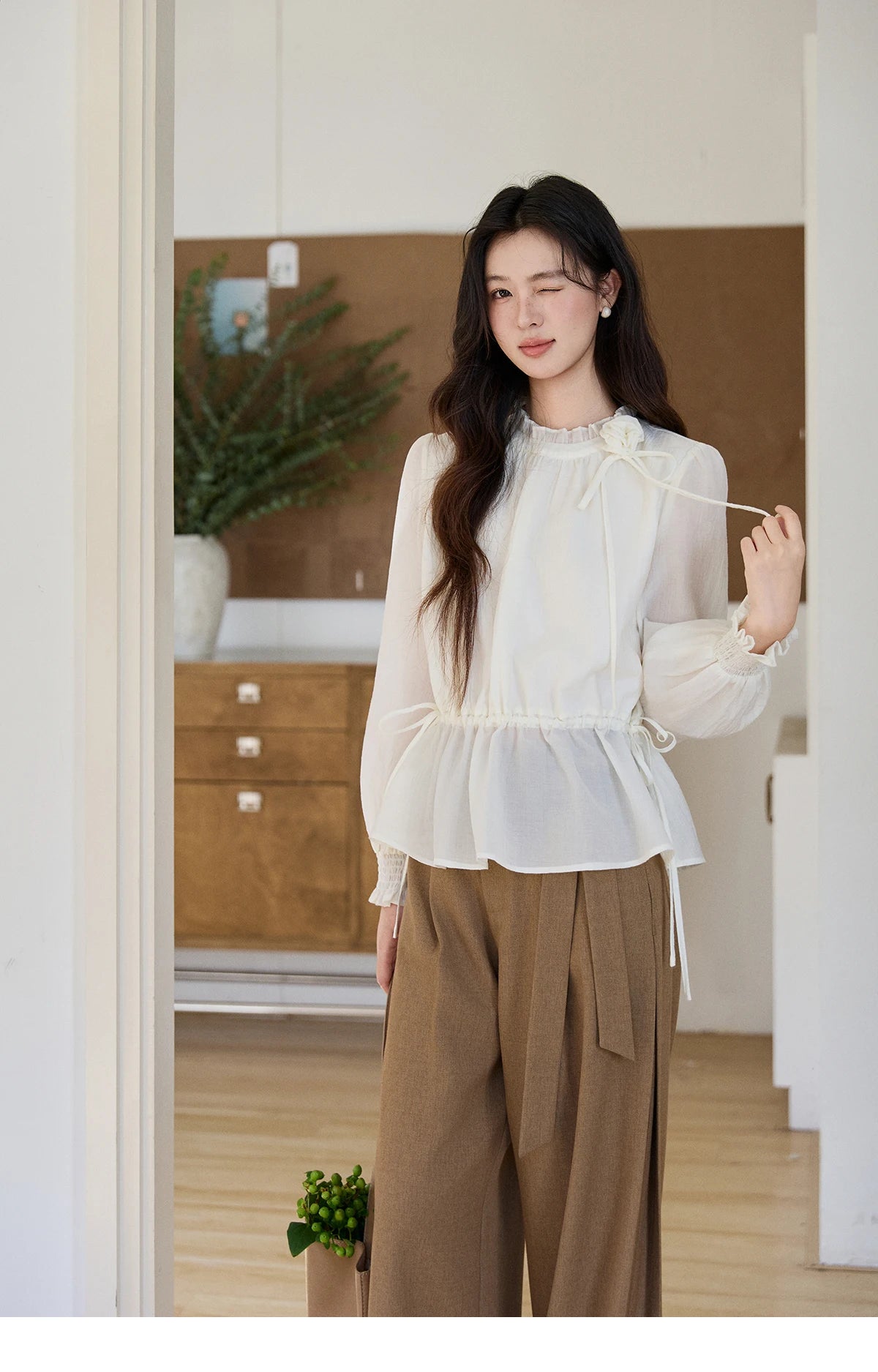 MISHOW Women's Ruffled Stand Collar Blouse 2026 Spring Flower Decor Apricot Blouses Drawstring Waist Puff Sleeve Top MXF11C2428