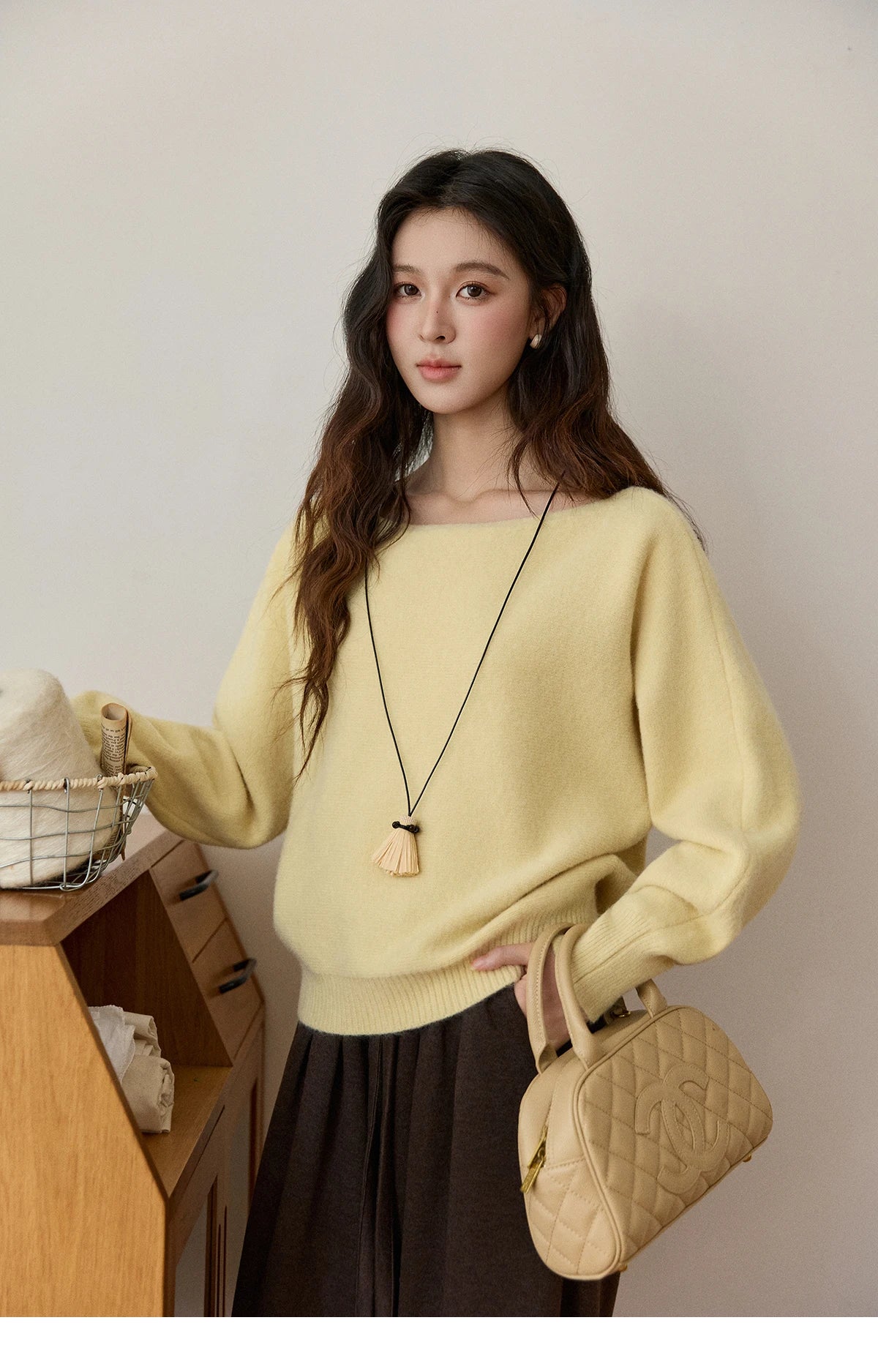MISHOW Women's Solid Knitted Sweater 2025 Autumn Winter Boat Neck Lantern Sleeve Loose Sweater Soft Warm Pullover Top MXE94Z2984