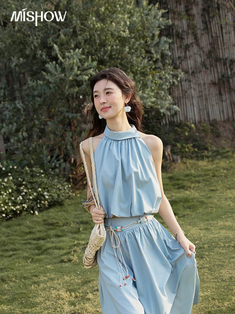 MISHOW Vacation Skirt Set Woman 2025 New Solid Halter Neck Sleeveless Short Tops Midi Loose Skirt Female with Belt MXE33T0546