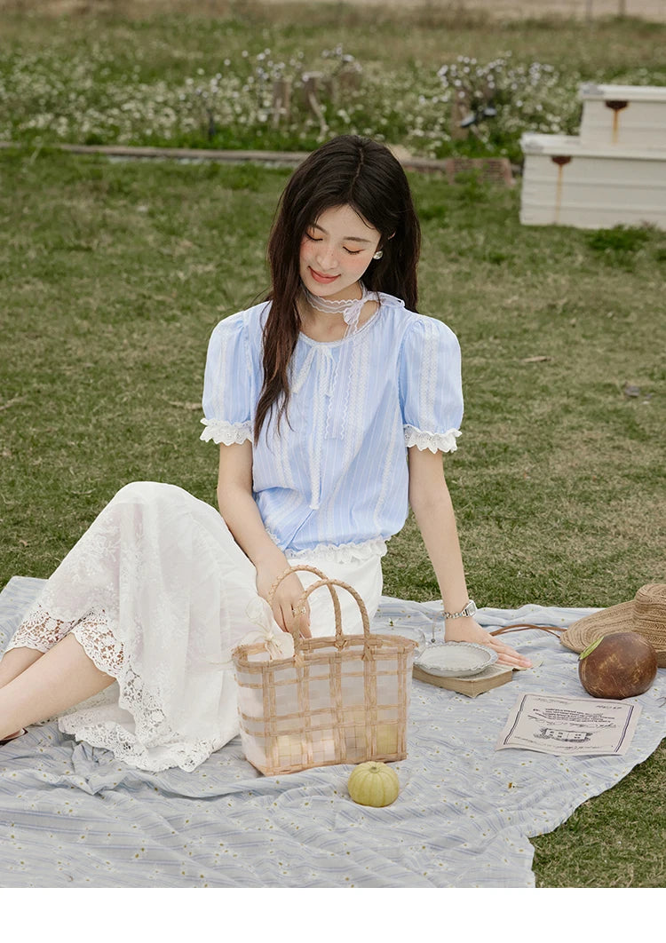 MISHOW French Striped Summer Blouses Women 2025 New Short Puff Sleeve Round Neck Lace Patchwork Shirts Fashion Tops MXE32X1759