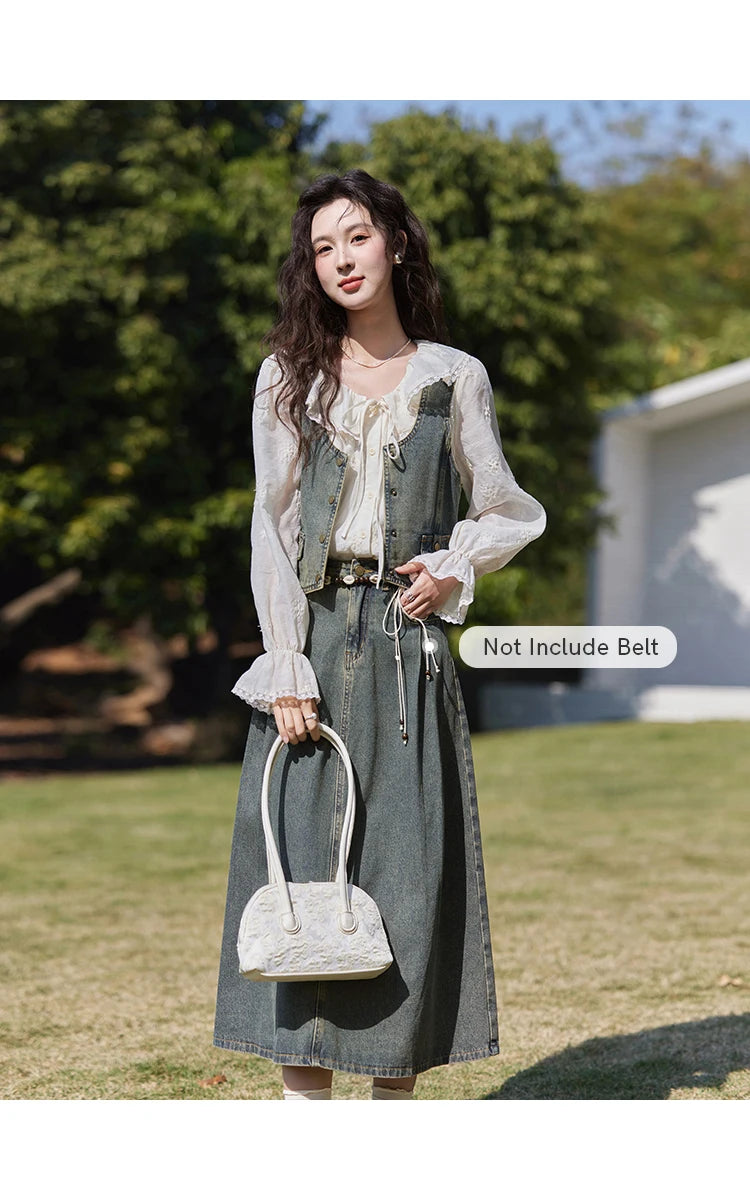 MISHOW Denim Vest Coat Midi Skirt Separately for Women Spring 2025 Korean Retro Washed Cotton Coat Slim A-line Skirt MXE13W0731