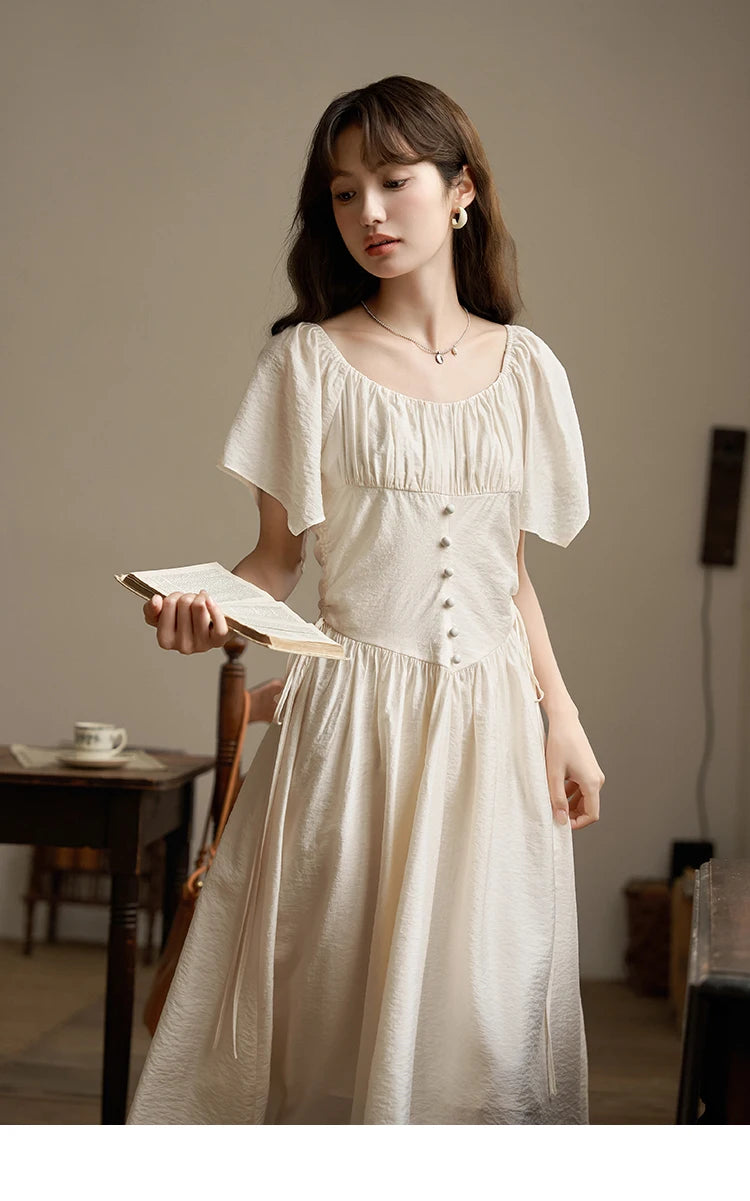 MISHOW Women's Elegant Dress 2023 Summer French A-LINE Butterfly Sleeve Square Collar Solid Lace-up Waist Dresses MXC38L1407