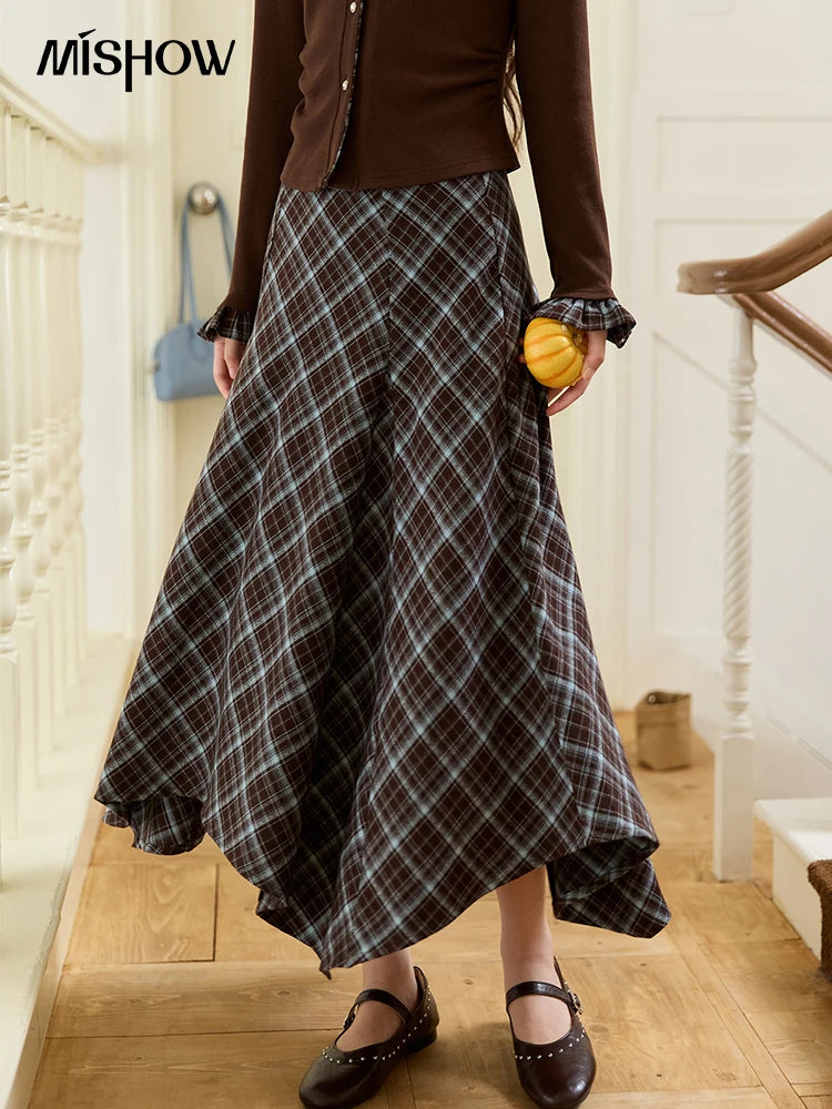 MISHOW Irregular Plaid Skirt 2025 Winter Retro Contrasting Skirt Female High Waist A-LINE Casual Skirts Office Lady MXE47B2436