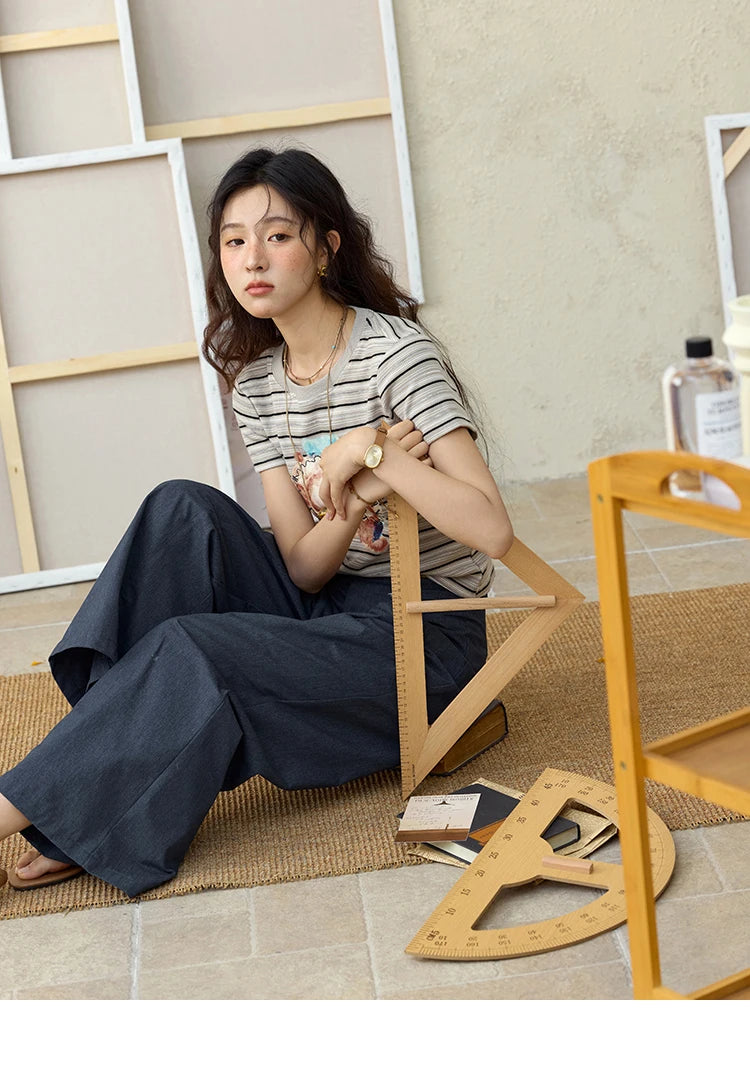 MISHOW Striped Cartoon Pufferfish Printed T-shirt for Women Summer 2025 Slim Shoulders Cotton Tees Short Sleeved Top MXE32T0538