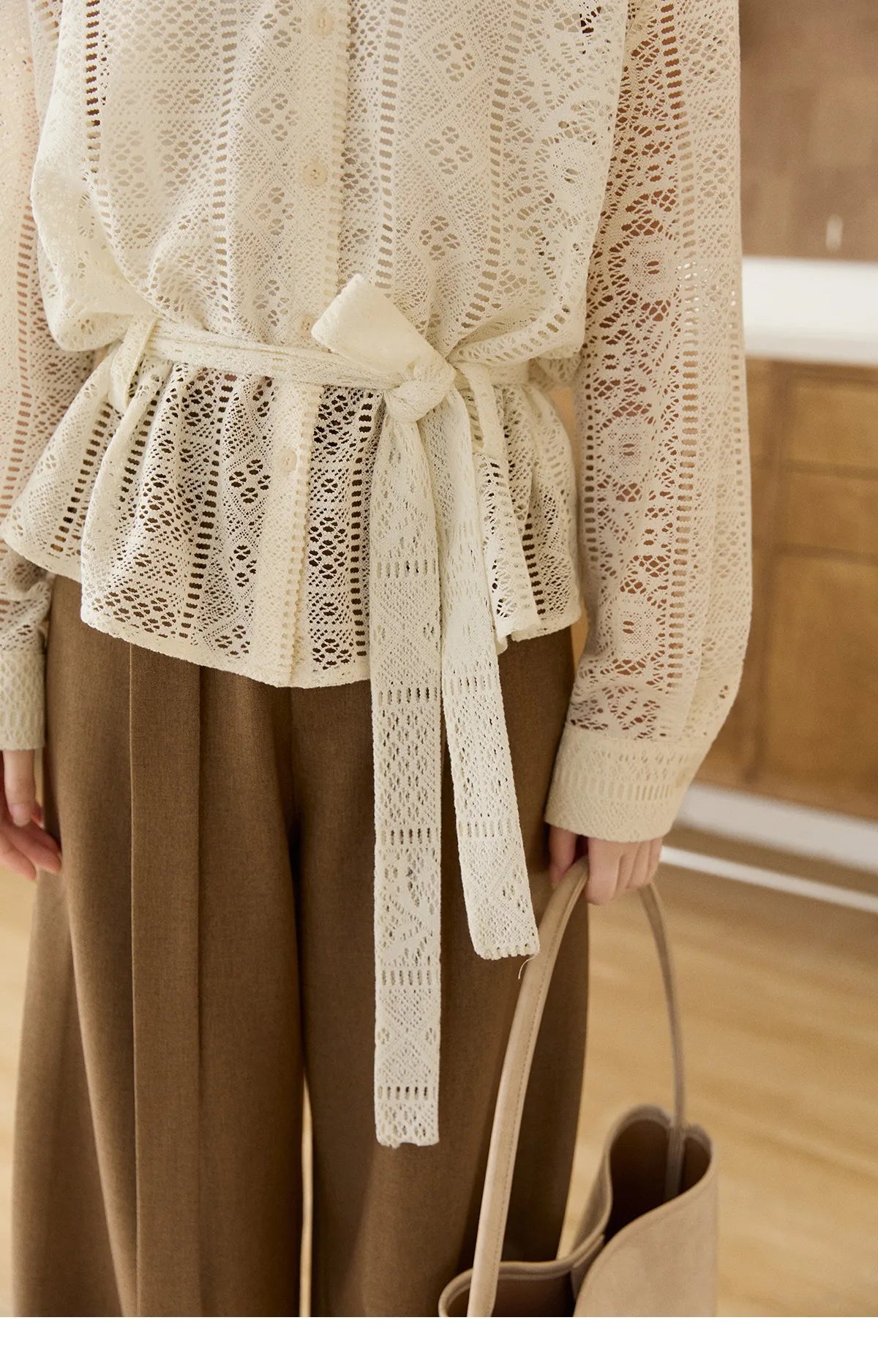 MISHOW Women's Hollow-out Lace Shirt Camisole Set 2026 Spring Lapel Drawstring Waist Sheer Casual Two-Piece Knitwear MXF108C0816