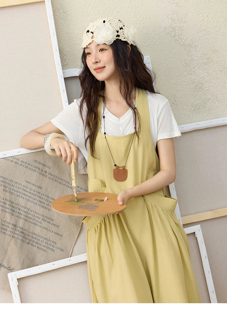 MISHOW Women's Cargo Large Pocket Strap Dress 2025 Summer Lemon-yellow Sleeveless Dress Retro Square Neck Loose Dress MXE35L2302