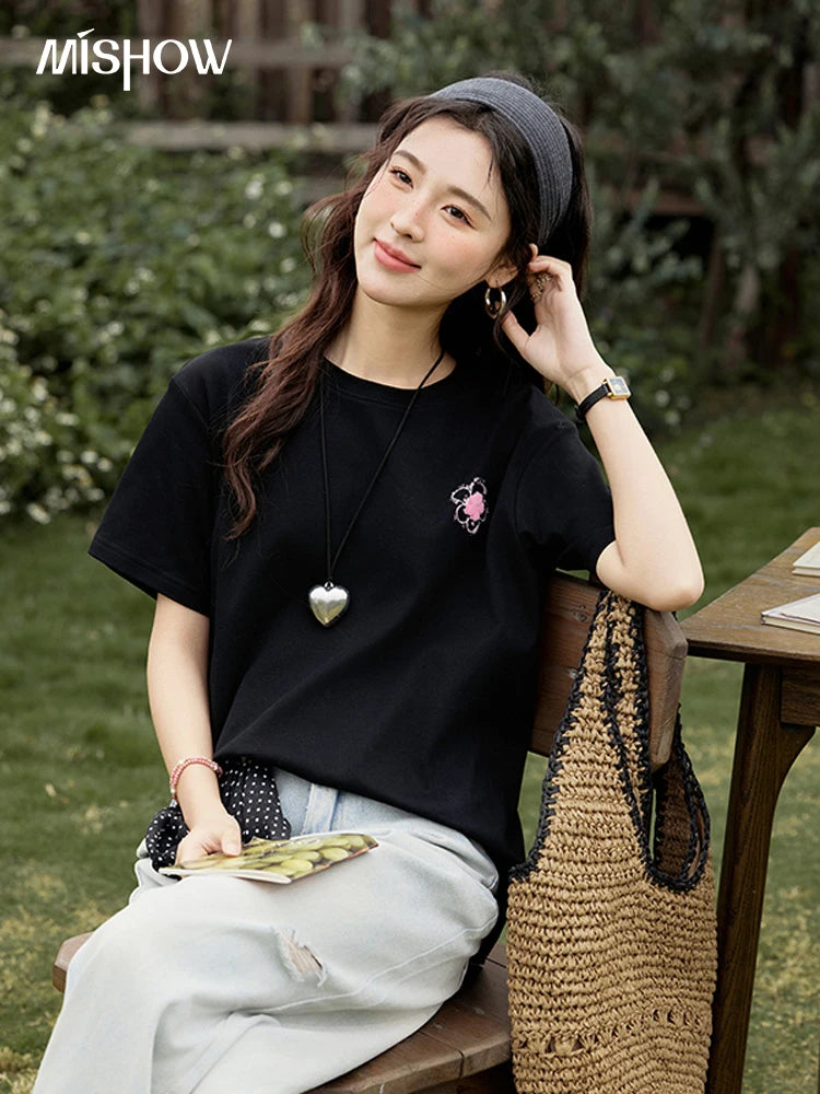 MISHOW Casual Graffiti T-shirt Women Summer 2025 Short Sleeve Round Neck Loose Shirts Female New Fashion Tops Lady MXE15T0475