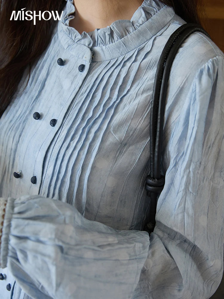 MISHOW Women's Shirt 2025 Autumn Blue Polka Dot Chiffon Loose Shirt Stand Collar Double Row Buckle Lantern Sleeve Top MXE41X1926
