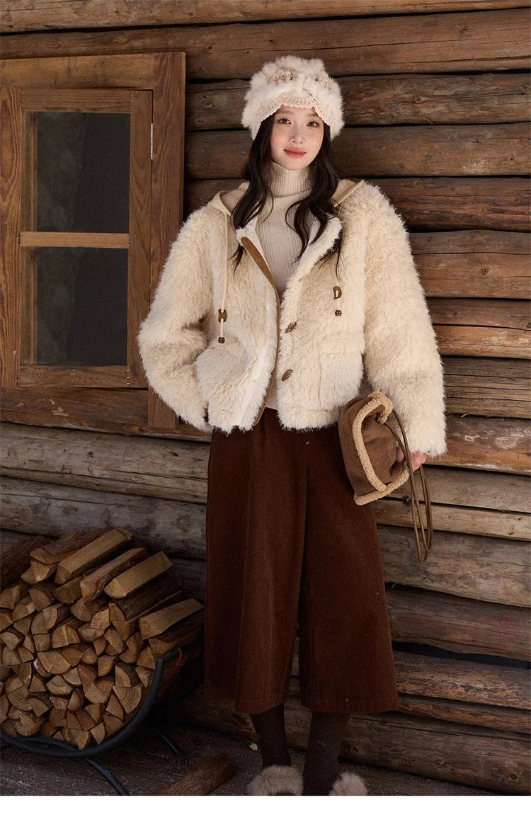 MISHOW Winter Jacket Women 2025 Fashion Beige Knitted Hooded Plush Coat Casual Commute Warm Windproof Short Coat MXE86W0908