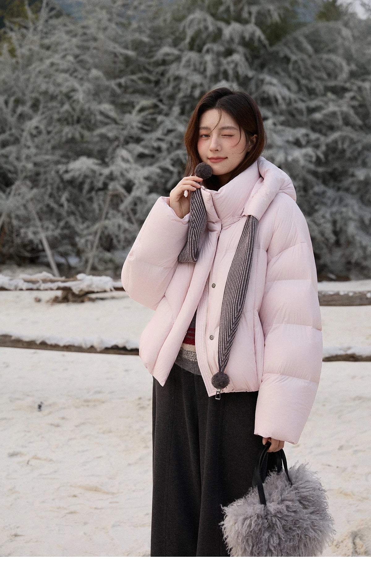 MISHOW Women's Pom-Pom Hooded Down Jacket 2025 Winter Sweet Short Lightweight Down Jackets Warm Windproof Coat MXE92Y0088