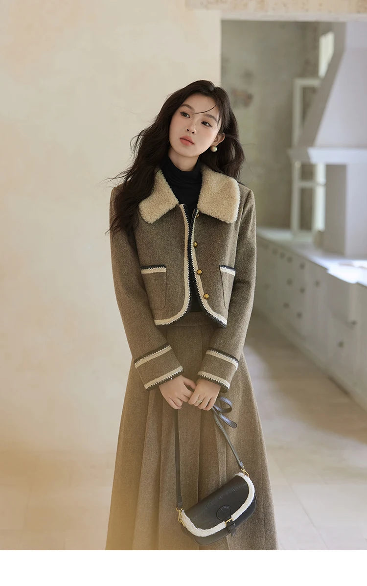 MISHOW Vintage Midi Skirts Coat Seprately Women 2024 Winter Turn Down Collar Plaid Tweed Jacket A-Line Pleated Skirt MXD56W0569