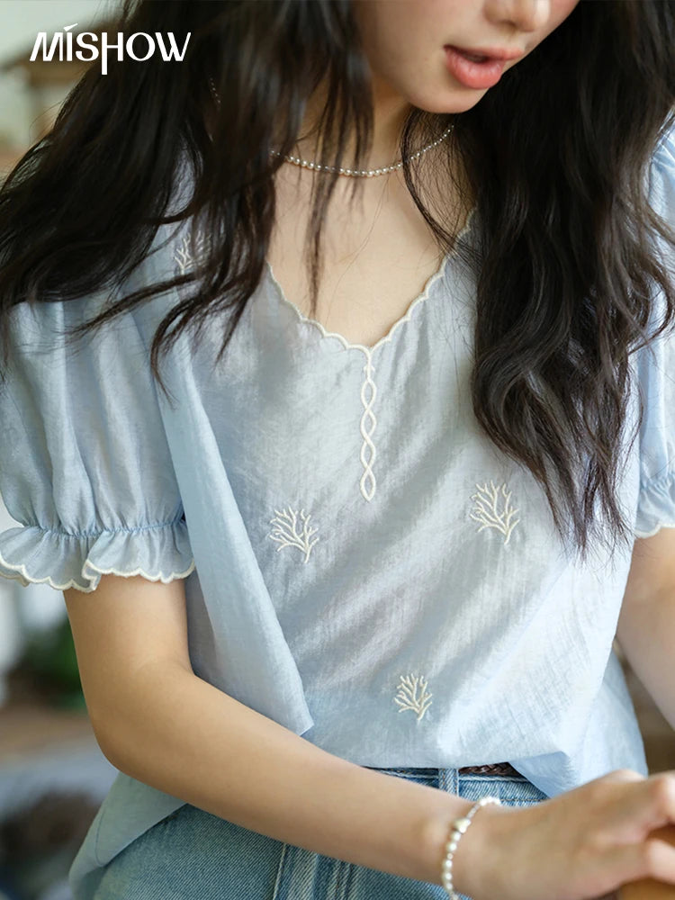 MISHOW Women's Coral Embroidery Summer Blouse 2025 New Fashion V-neck Puff Sleeve Blouse Casual Women's Clothing ﻿MXE37X1850