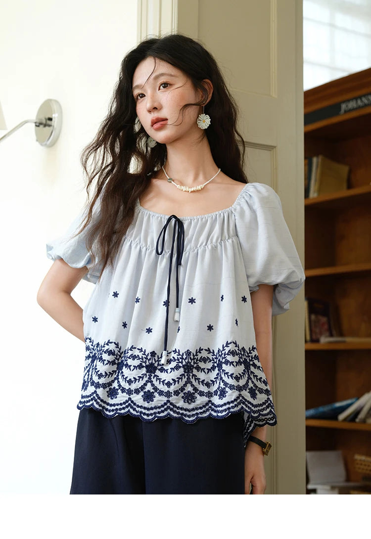MISHOW Women's Summer Loose Print Blouse 2025 New Fashion Square Neck Lace Up Puff Sleeve Blue Blouse Female Clothing MXE36X1799