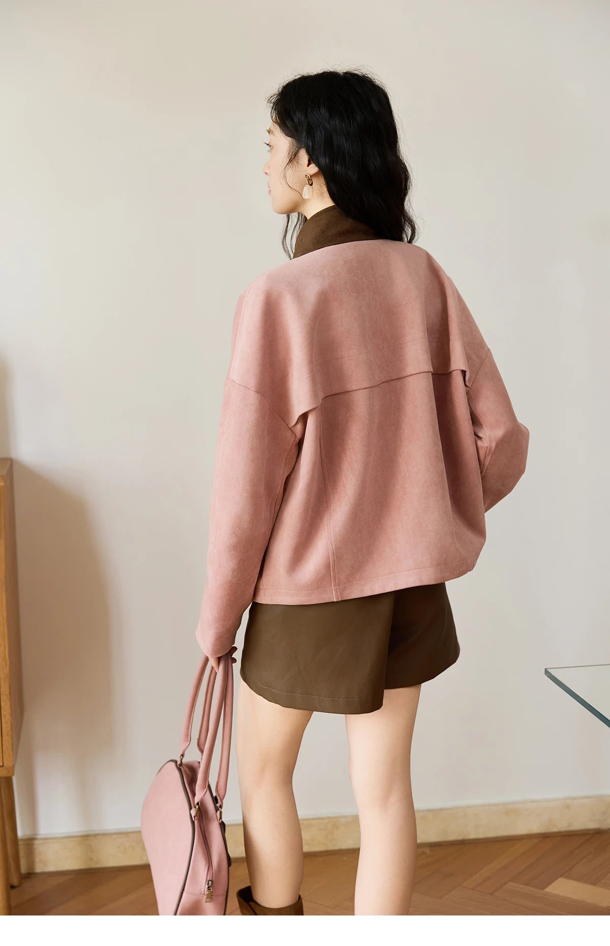 MISHOW Woman Jacket 2025 Autumn French Style Pink Coffee Suede Jacket Contrast Color Stand Collar Loose Short Coat MXE48W0851