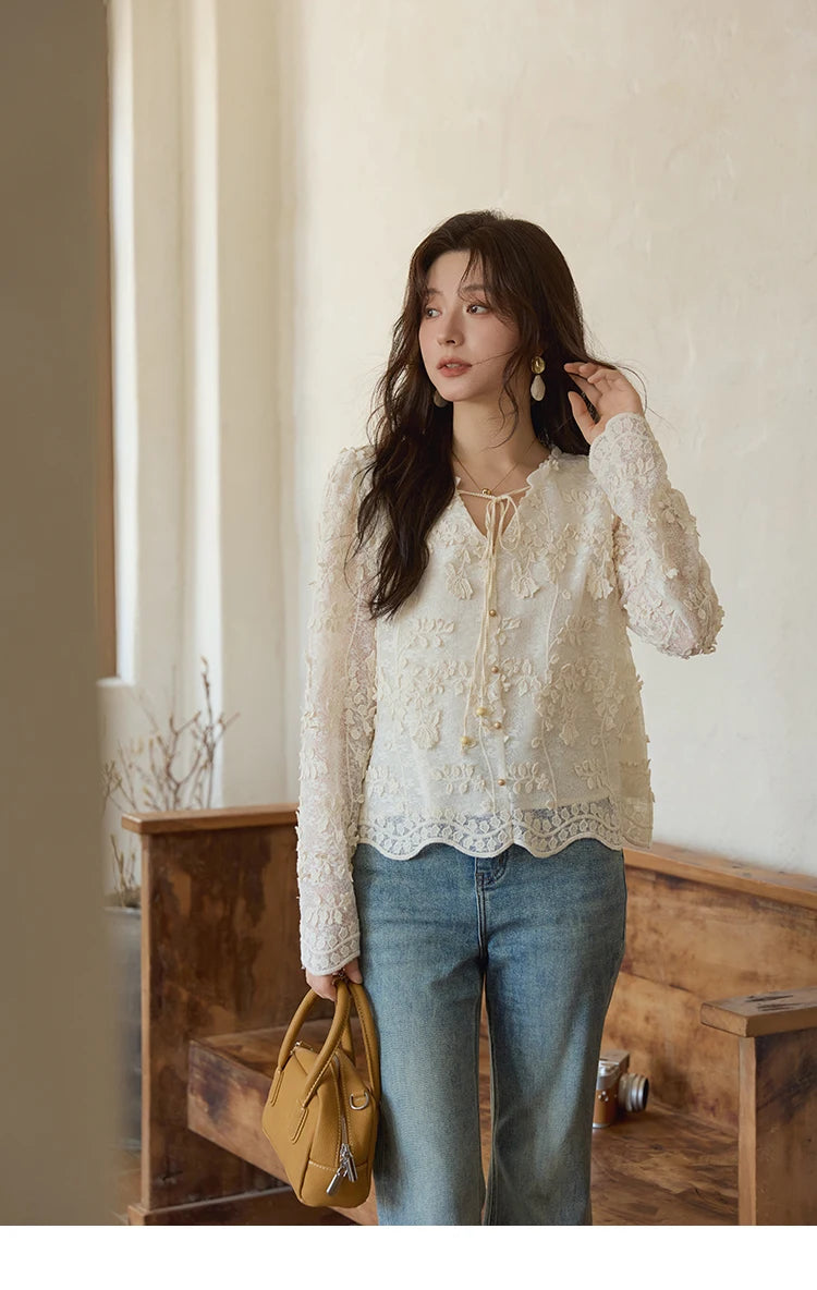 MISHOW Apricot Lace Jacquard Embroidered Shirt 2025 Autumn Black Fungus Edge Lace-up Vintage Commuter Top Office Lady MXE41X1927