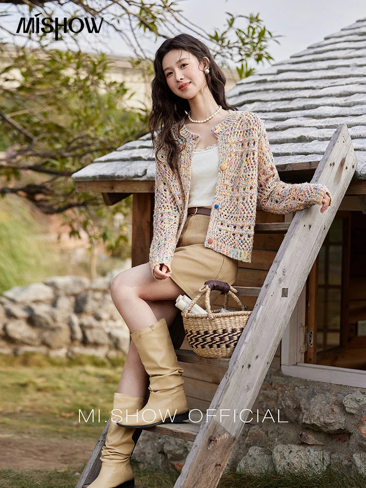 MISHOW Women's Sweet Woven Hollow Knitted Cardigan 2025 Spring Rainbow Button Single Breasted Top O-neck Cardigan MXE13Z1110