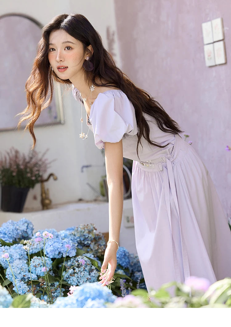MISHOW French Purple Dresses Women Summer 2025 Solid Short Puff Sleeve Square Neck Slimming Dress Woman New Fashion MXE34L2222