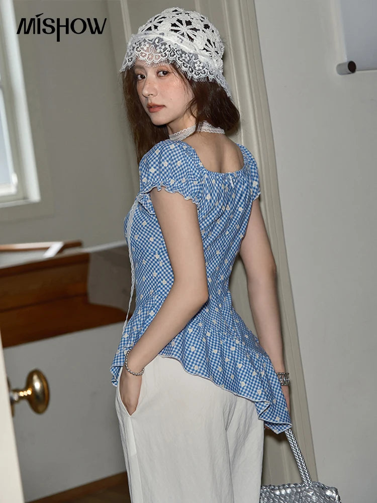 MISHOW Plaid Print Puff Sleeve Top for Women 2025 Summer Slim Square Neck Lace Up Asymmetrical Blouse Ladies Clothing MXE39X1930