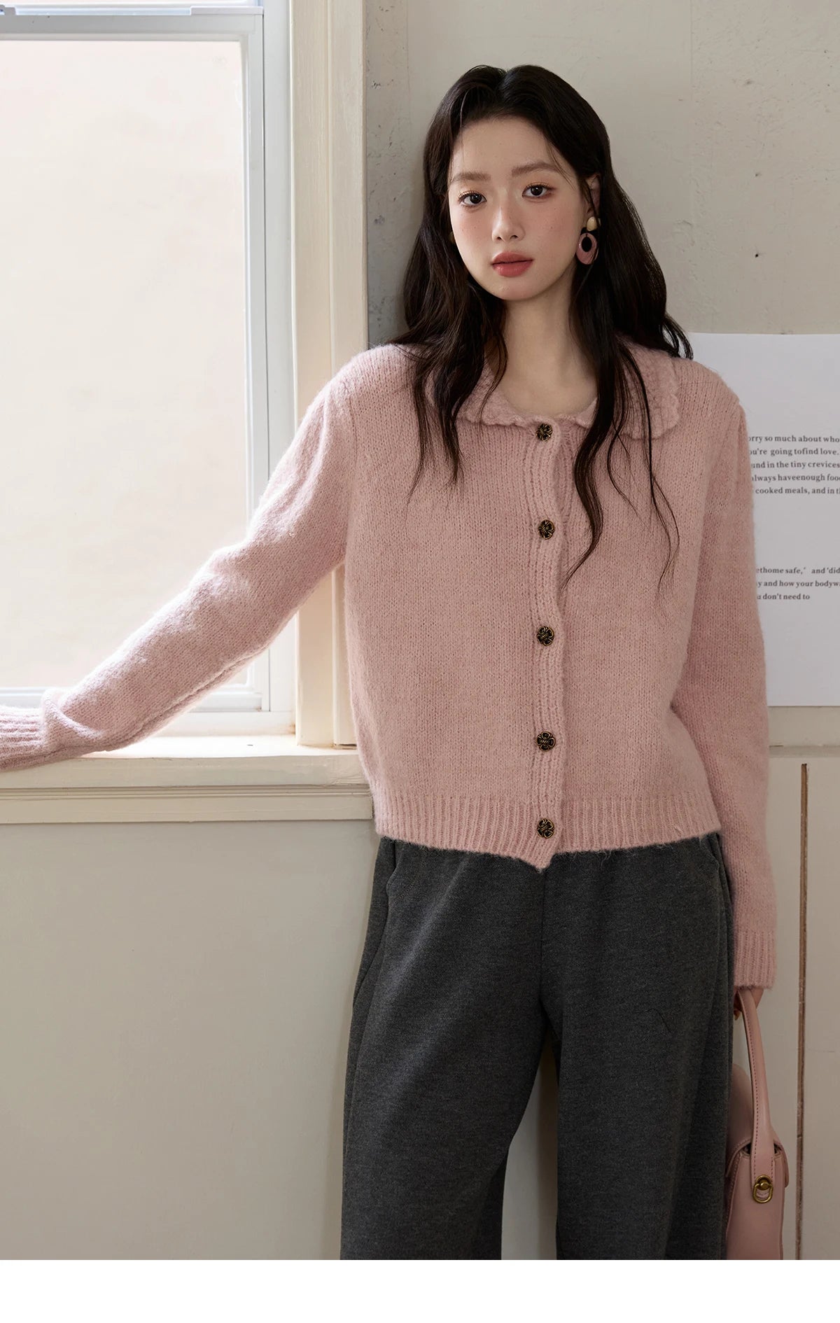 MISHOW Pink French Cardigan Women 2025 Autumn Winter New Sweet Turn-down Collar Single-breasted Loose Knit Sweater MXE48Z2569