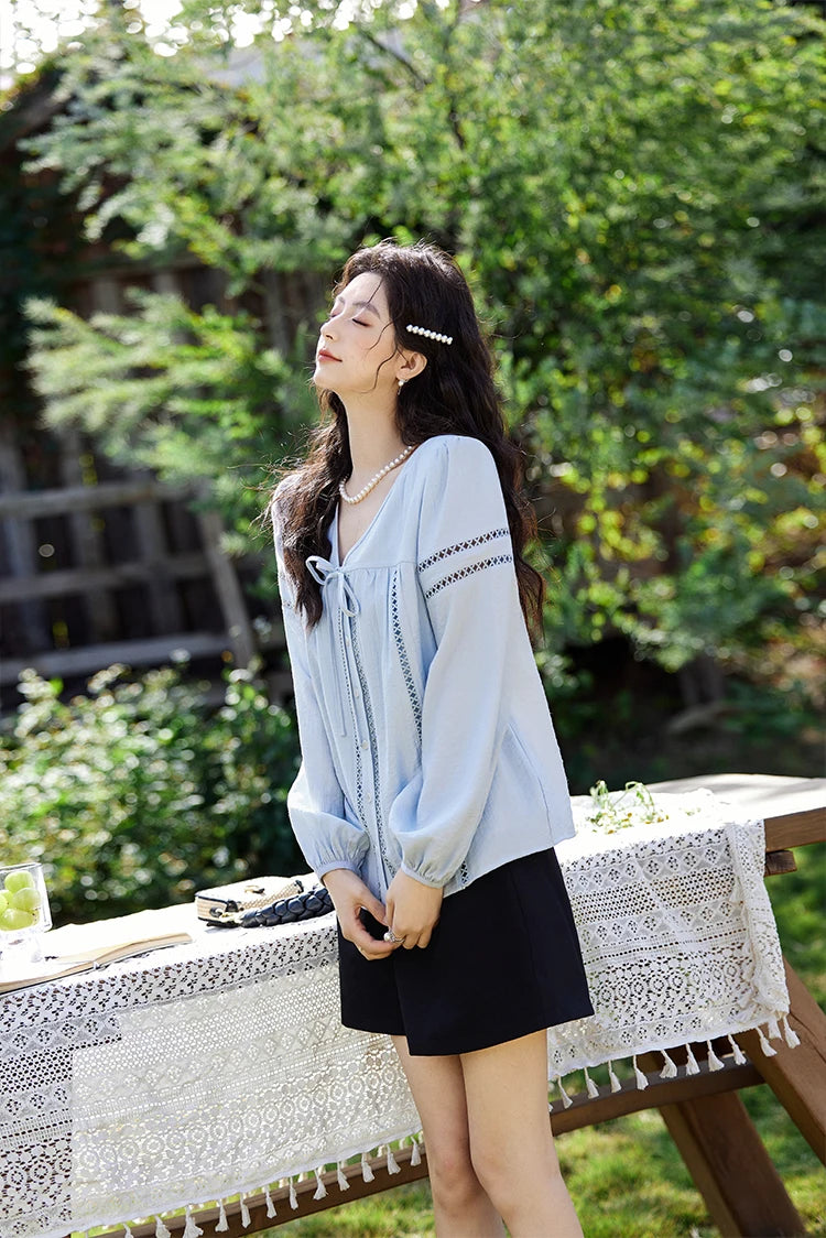 MISHOW French Sweet Loose Blue Shirt for Women 2025 Spring Summer V-neck Lace-up Hollow Doll Shirt Lantern Sleeve Top MXE12C0411