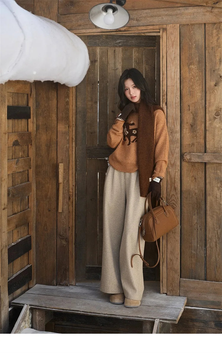 MISHOW Women's Horse Pattern Knit Sweater Winter Crew Neck Sweaters Collar Cuffs Splice Contrasting Faux Mink Fur Top MXE94Z2863