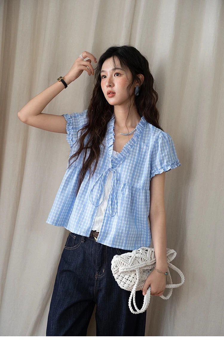 MISHOW Women's Plaid Blue Fake Two Piece Blouse 2025 Summer Fashion Puff Sleeve V-neck Lace Up Top Female Clothing MXE37X1901