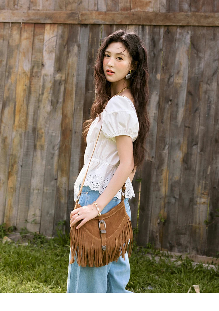 MISHOW French Summer Casual Blouses 2025 Solid Short Puff Sleeve Hem Hollow Cotton Tops Loose Collar Beading Blouse MXE33X1776