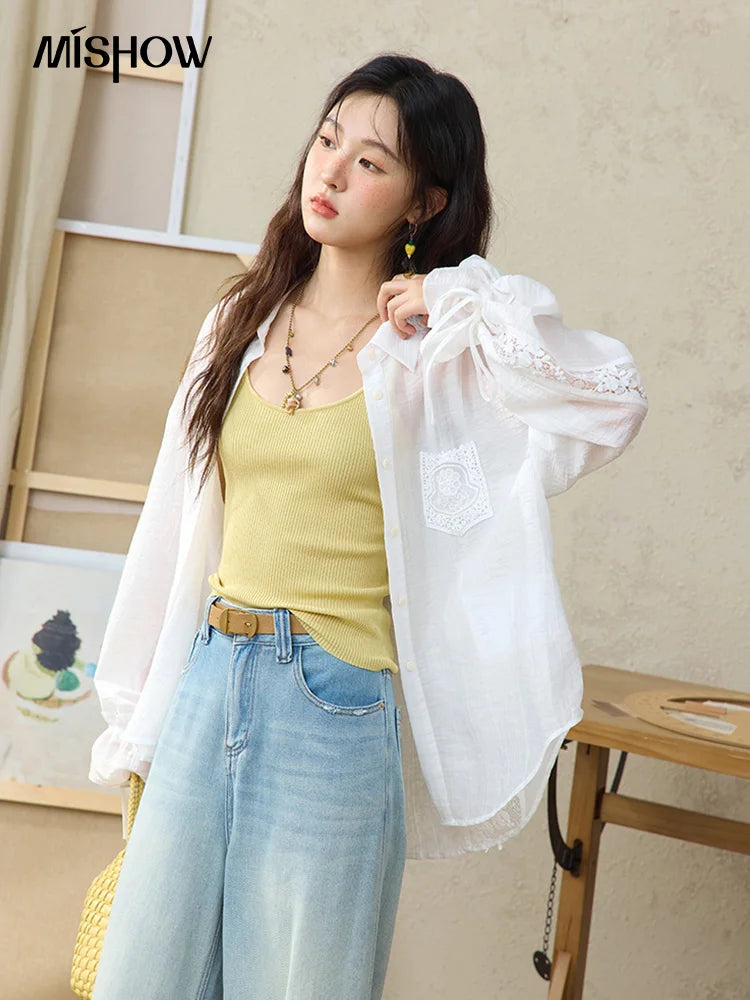 MISHOW Blend Patchwork Lace Cool Shirt Female Autumn 2025 Korean Loose Lapel Drop Sleeve Shirts Drawstring Cuffs Top MXE31C0789
