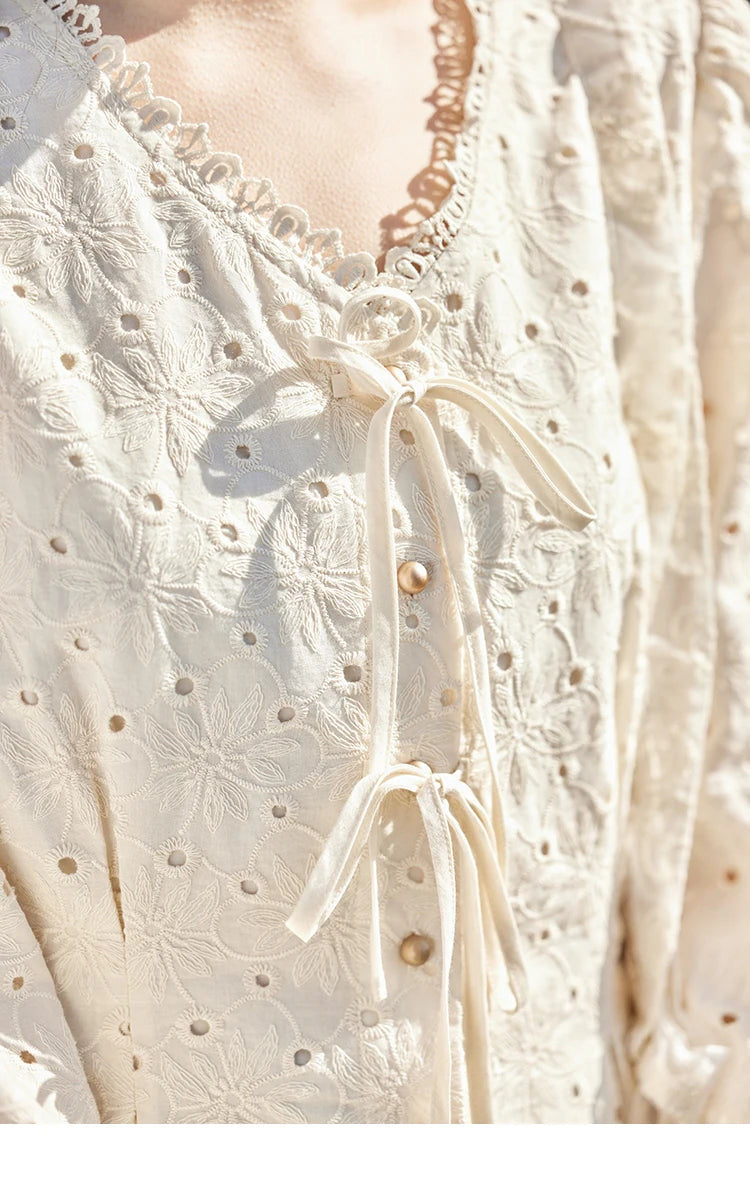 MISHOW Hollow Lace Shirt for Women Spring 2025 French Retro Lace100 Cotton Shirt V Neck Waist Elastic Cuffs Blouses MXE12X1710