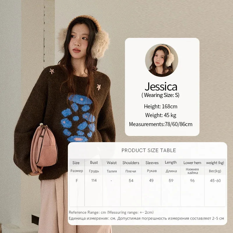 MISHOW Women's Lucky Bottle Jacquard Wool Warm Sweater 2025 Winter 3D Floral Color Block Retro Thickened Knitwear MXE91Z2840