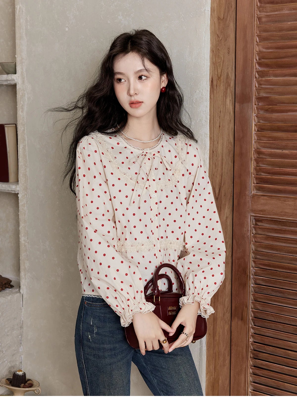 MISHOW Lace Up Polka Dot Round Neck Lace Shirt for Women Autumn 2024 Thin Sweets Shirt Elastic Petal Cuffs Chic Top MXD44X1667