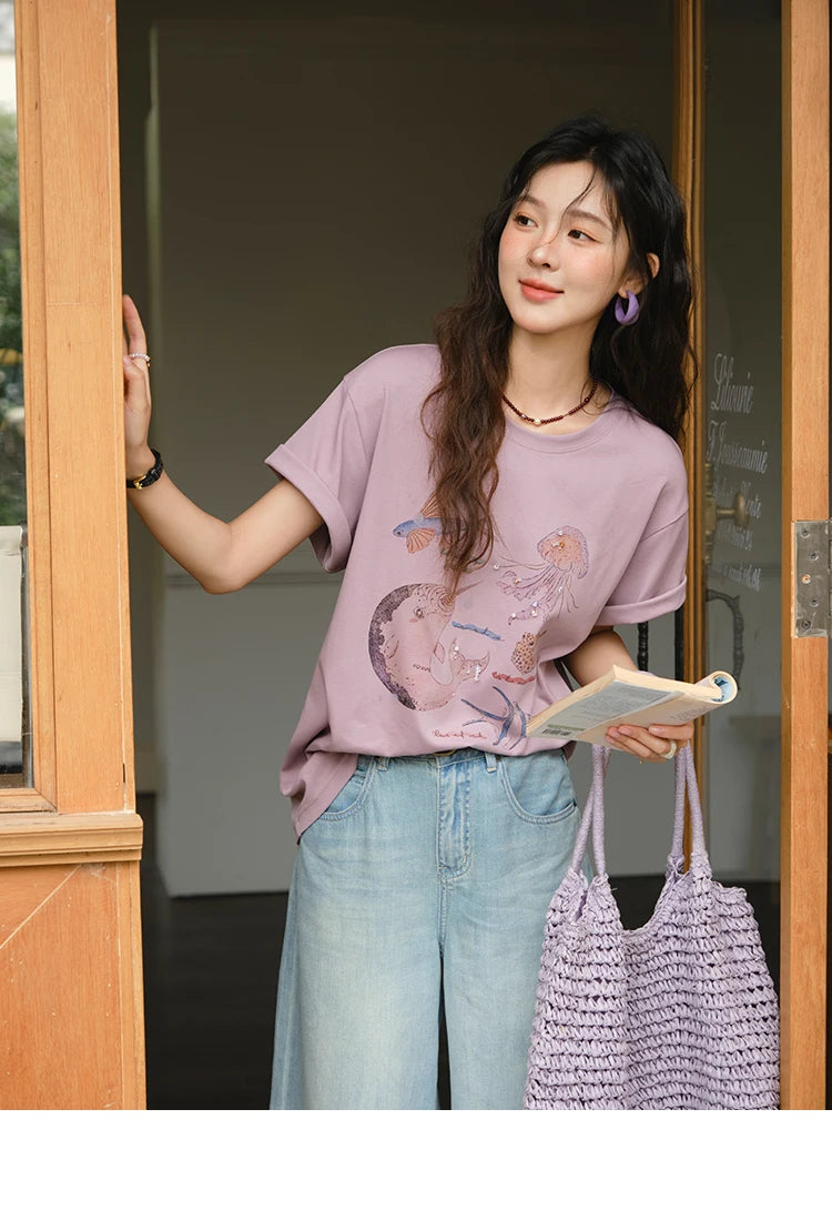 MISHOW Fashion Print T-shirts for women 2025 Summer New O-Neck Loose Casual Short Sleeve Cotton Top Female Clothing MXE36T0575