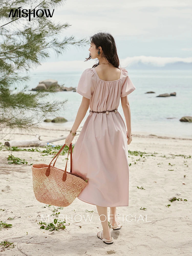 MISHOW Bohemian Pink Women‘s Summer Dresses Women 2025 Short Sleeve Square Collar with Belt Dress Lady New Fashion MXE33L2158