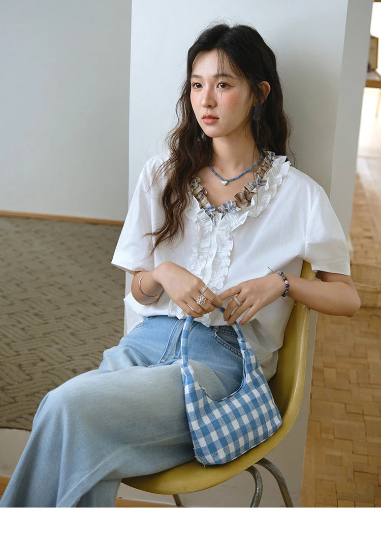 MISHOW Fashion V-neck Shirt for Women Summer 2025 Thin Short Sleeve Patchwork Double Layer Fungus Edge Button Top MXE35X1793