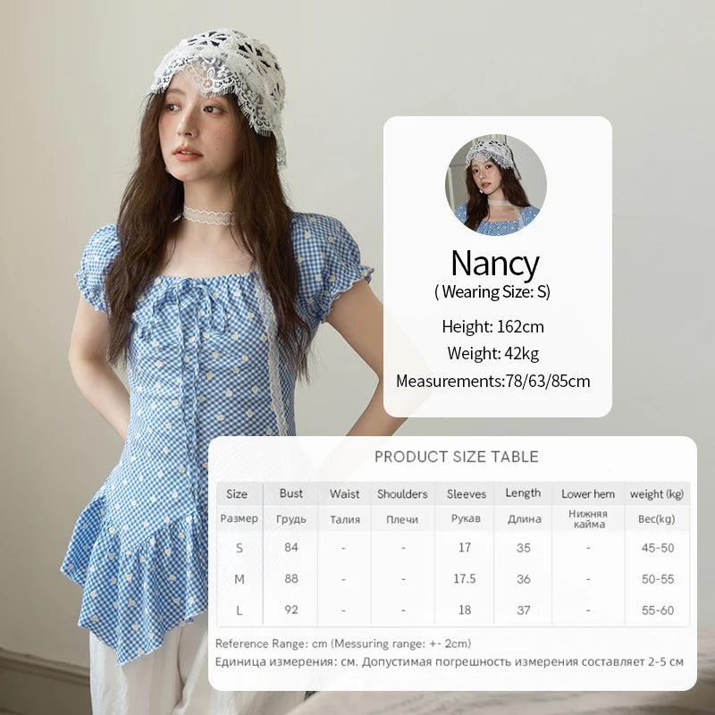 MISHOW Plaid Print Puff Sleeve Top for Women 2025 Summer Slim Square Neck Lace Up Asymmetrical Blouse Ladies Clothing MXE39X1930