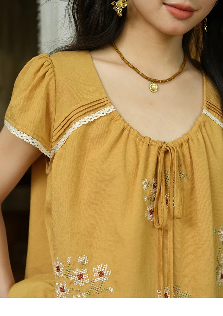 MISHOW Fashion Embroidery Flower Blouses for Woman 2025 Summer O-Neck Lace Up Flying Sleeve Lace Spliced Loose Top MXE39X1880