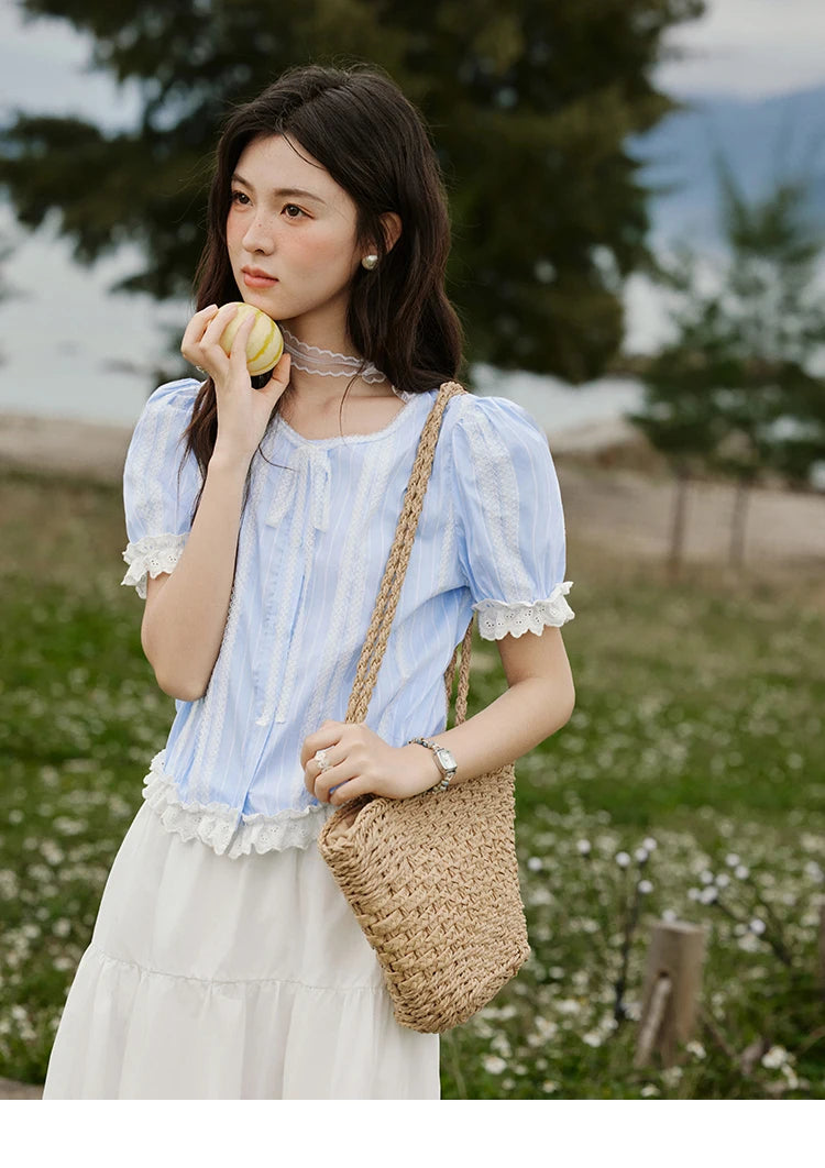 MISHOW French Striped Summer Blouses Women 2025 New Short Puff Sleeve Round Neck Lace Patchwork Shirts Fashion Tops MXE32X1759