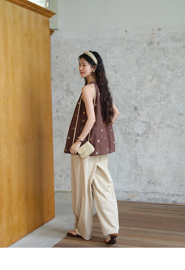 MISHOW Women's Two Piece Set 2025 Summer New Embroidery Hanging Neck Sleeveless Top Retro Khaki Wide Leg Pants Set MXE39T0713