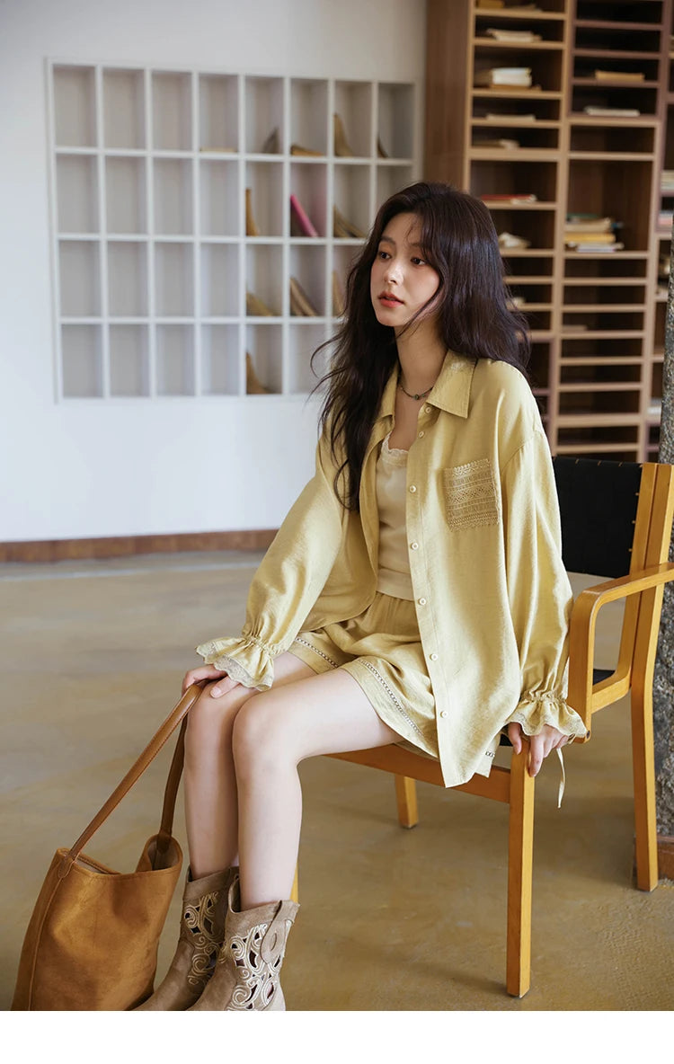 MISHOW Yellow Linen Three Piece Solid Splicing Lace Shirt Camisole Elastic Waist Shorts Vintage Hollowed Out Lace Set MXE42T0718