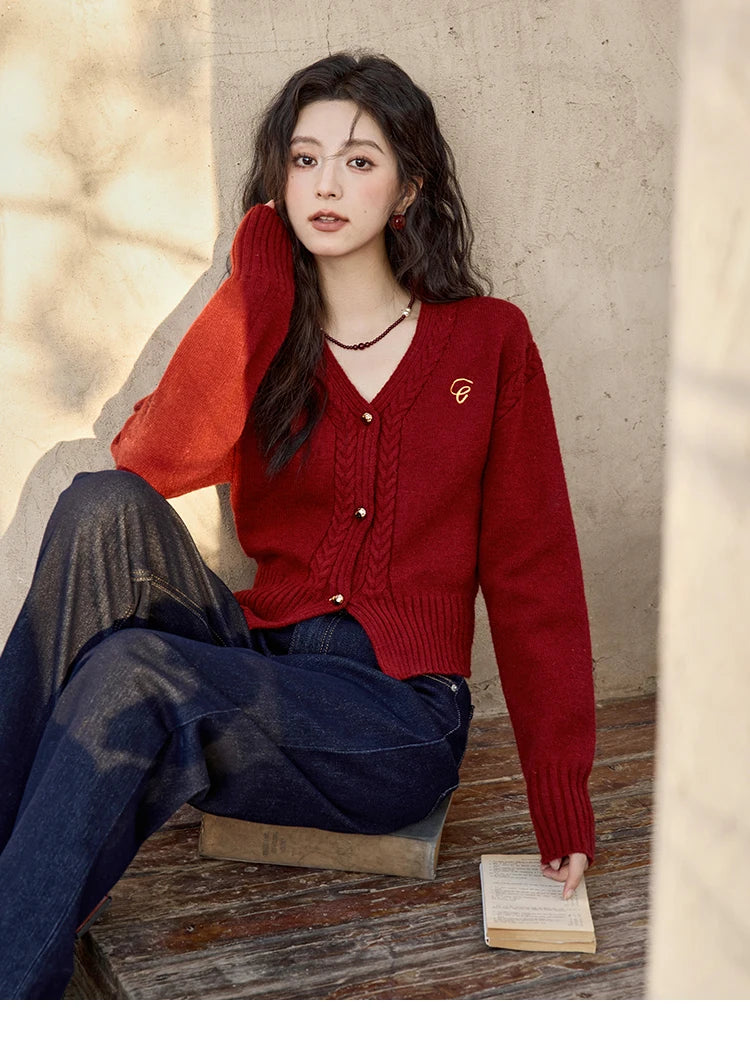 MISHOW Elegant V-neck Sweater Women's Long-sleeved Knitted Jacket 2025 Fall Winter New Korean Vintage Short Cardigan MXD48Z0848