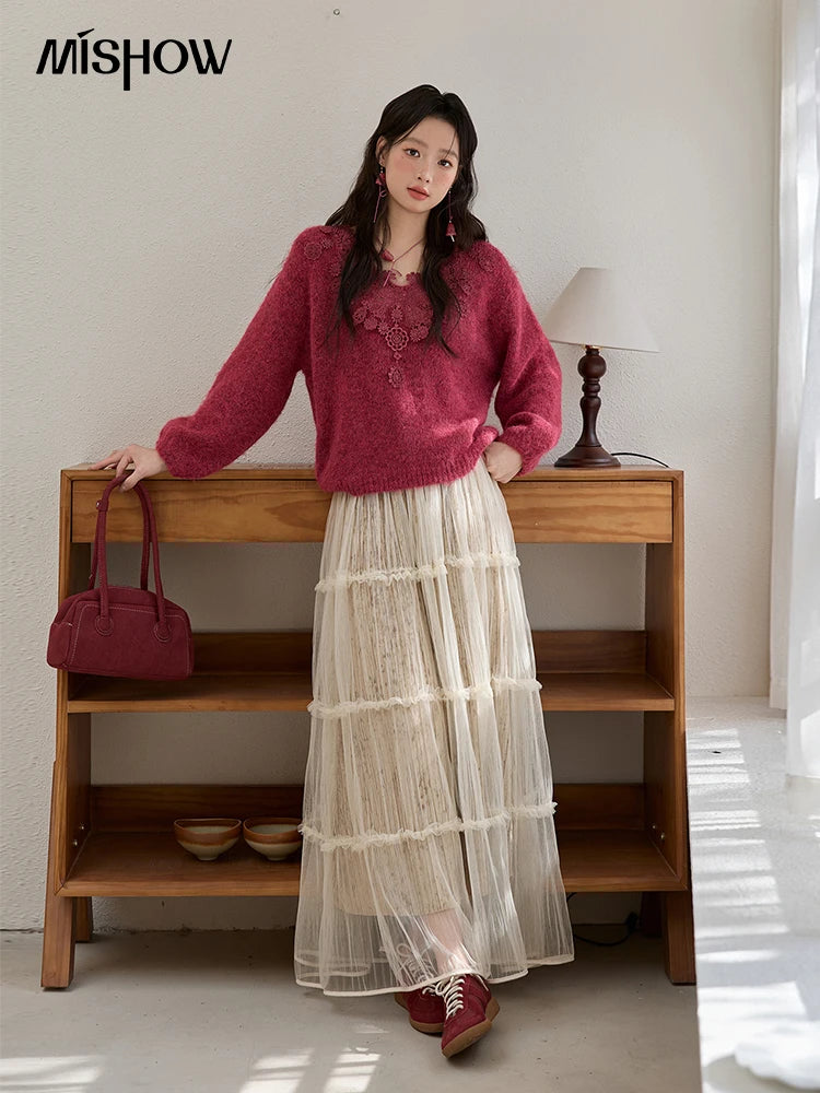 MISHOW Pink Lace Wool Sweater for Woman 2025 Winter Sweet Style V-neck  Pullover Casual Loose Lantern Sleeve Sweater MXE51Z2632