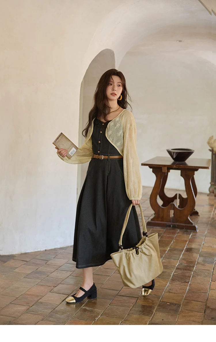 MISHOW Women's Two-Piece Set 2025 Lantern Sleeves Knitted Cardigan Imitation Denim Strap Dress Set With Belt Included MXE41T0704