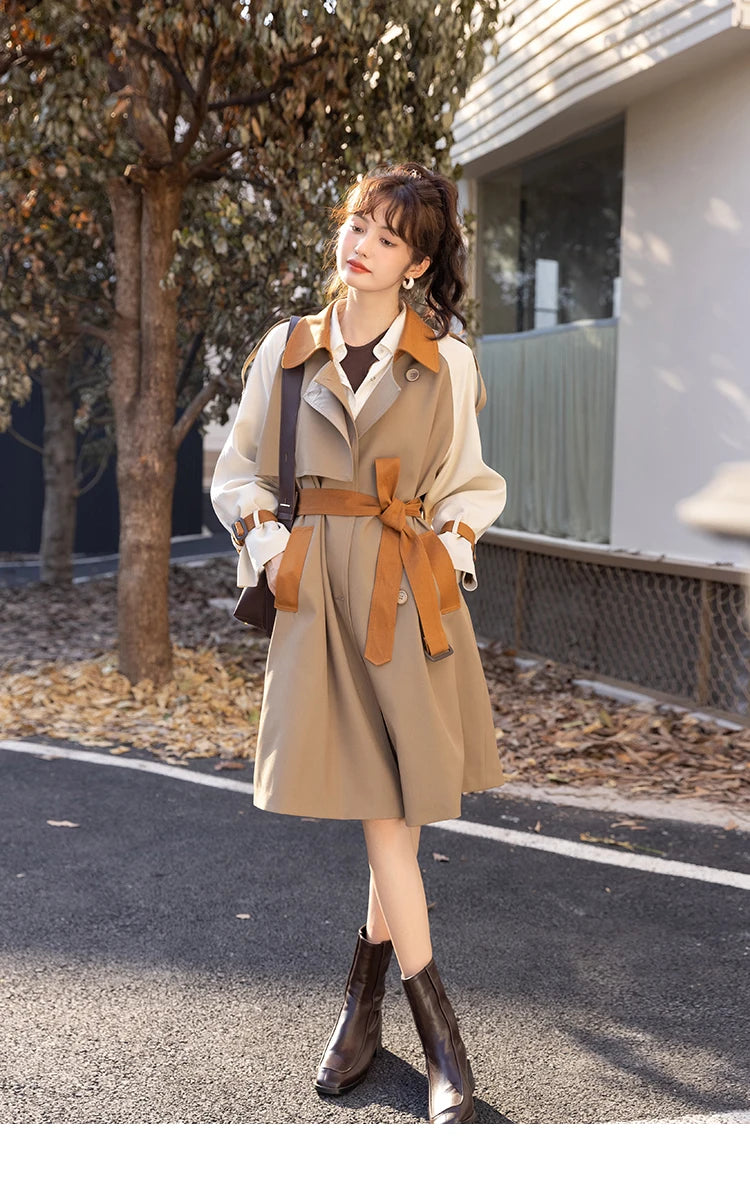 MISHOW Autumn Women's Khaki Trench Contrast Color Woman Clothes Spliced Turn-down Collar All-match Casual Jacket MXB31W0367