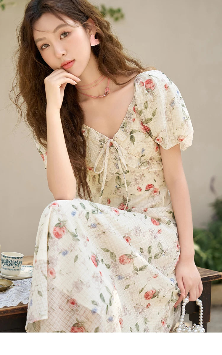 MISHOW Elegant Fairycore Floral Dresses for Women 2023 Summer French A-line Ruffles V-neck Puff Sleeve Sweet Dress MXC33L1465