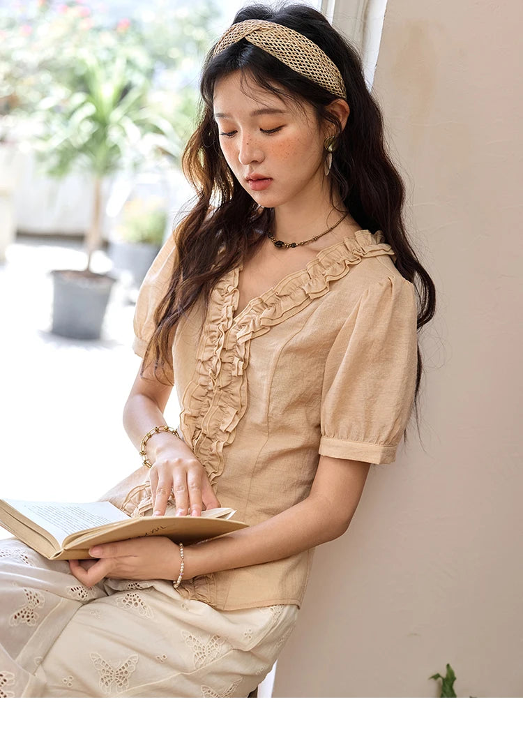 MISHOW V-Neck Blouse Puff Sleeve Fungus Edge Slim MXE35X1841