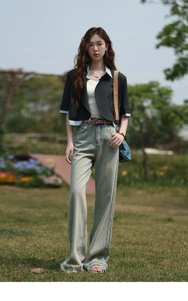 MISHOW Fake Two Short Suit Jackets for Women Summer Three Quarter Single Breasted Turn-down Collar Female Coats MXC33W0016