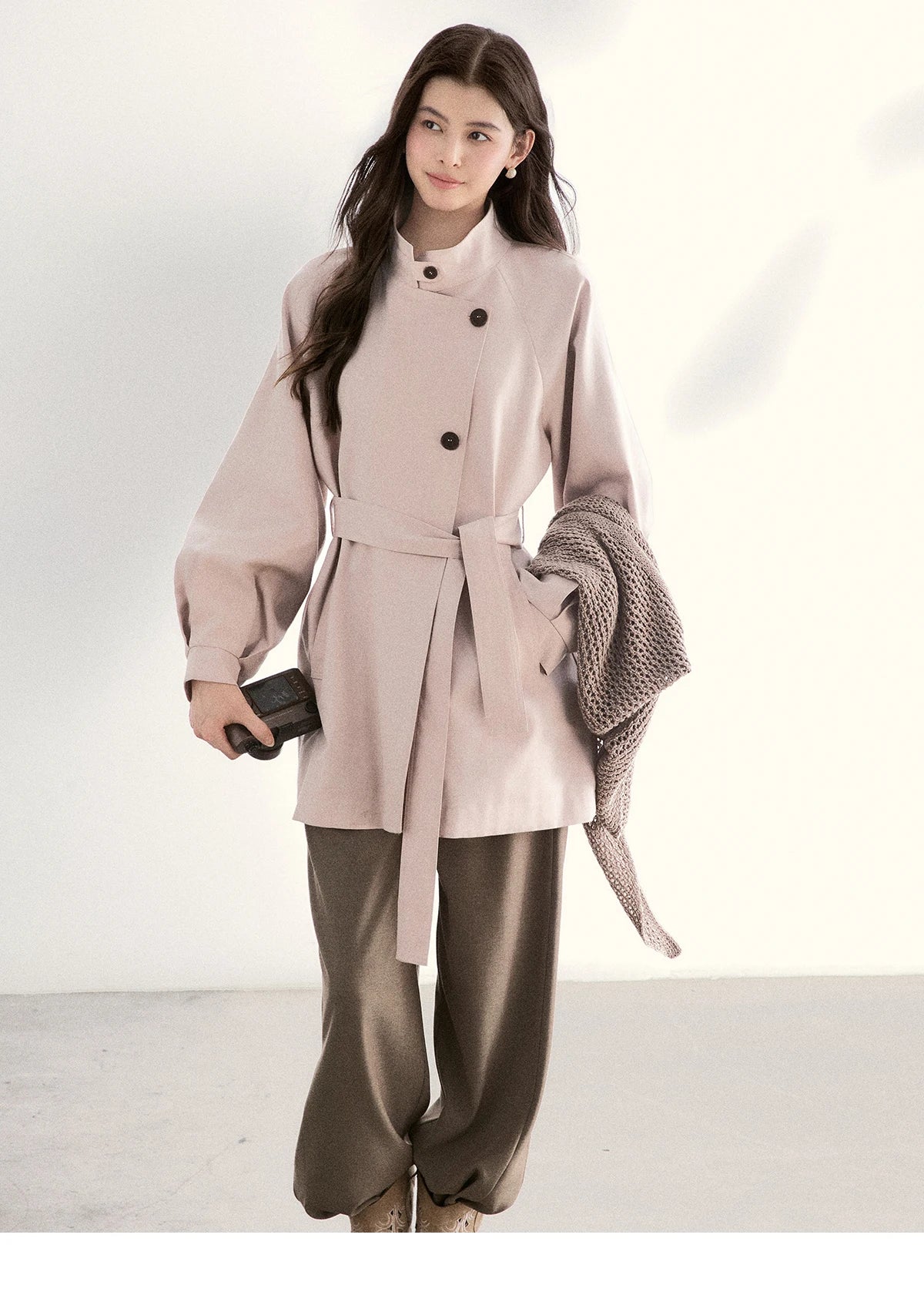 MISHOW Women's Dusty Pink Trench 2026 Spring Stand Collar Belted Coats Raglan Sleeve Casual Mid-Length Windbreaker MXF108W1002