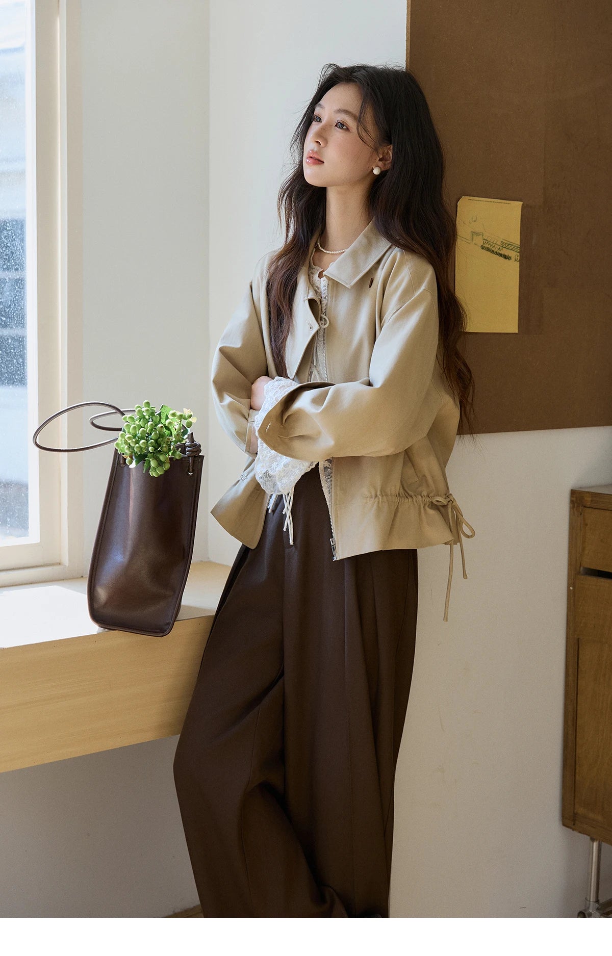 MISHOW Women's Khaki Cropped Jacket 2026 Spring Asymmetrical Collar Drawstring Waist Short Jackets Casual Loose Coat MXF11W1029