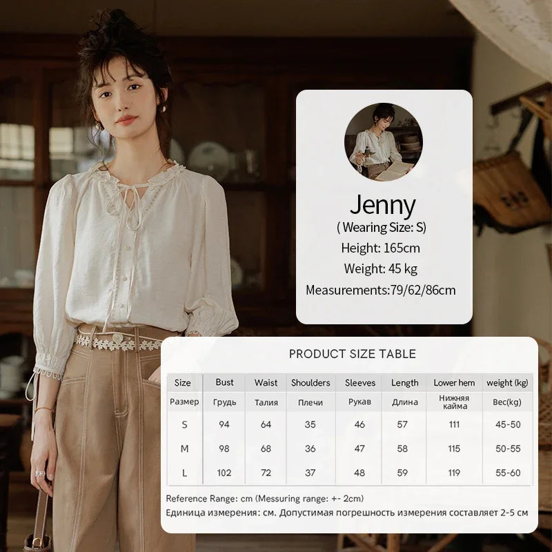 MISHOW French Retro Lace Collar Shirt for Women 2024 Autumn Bow Tie Top Lantern Sleeves Seven Quarter Sleeves Shirt MXD41X1621